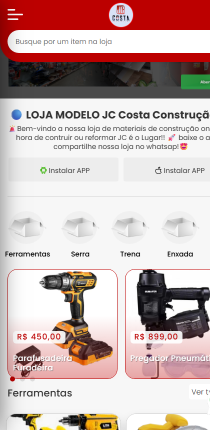 Loja JC Costa Construção feita no Otimiza Pedido